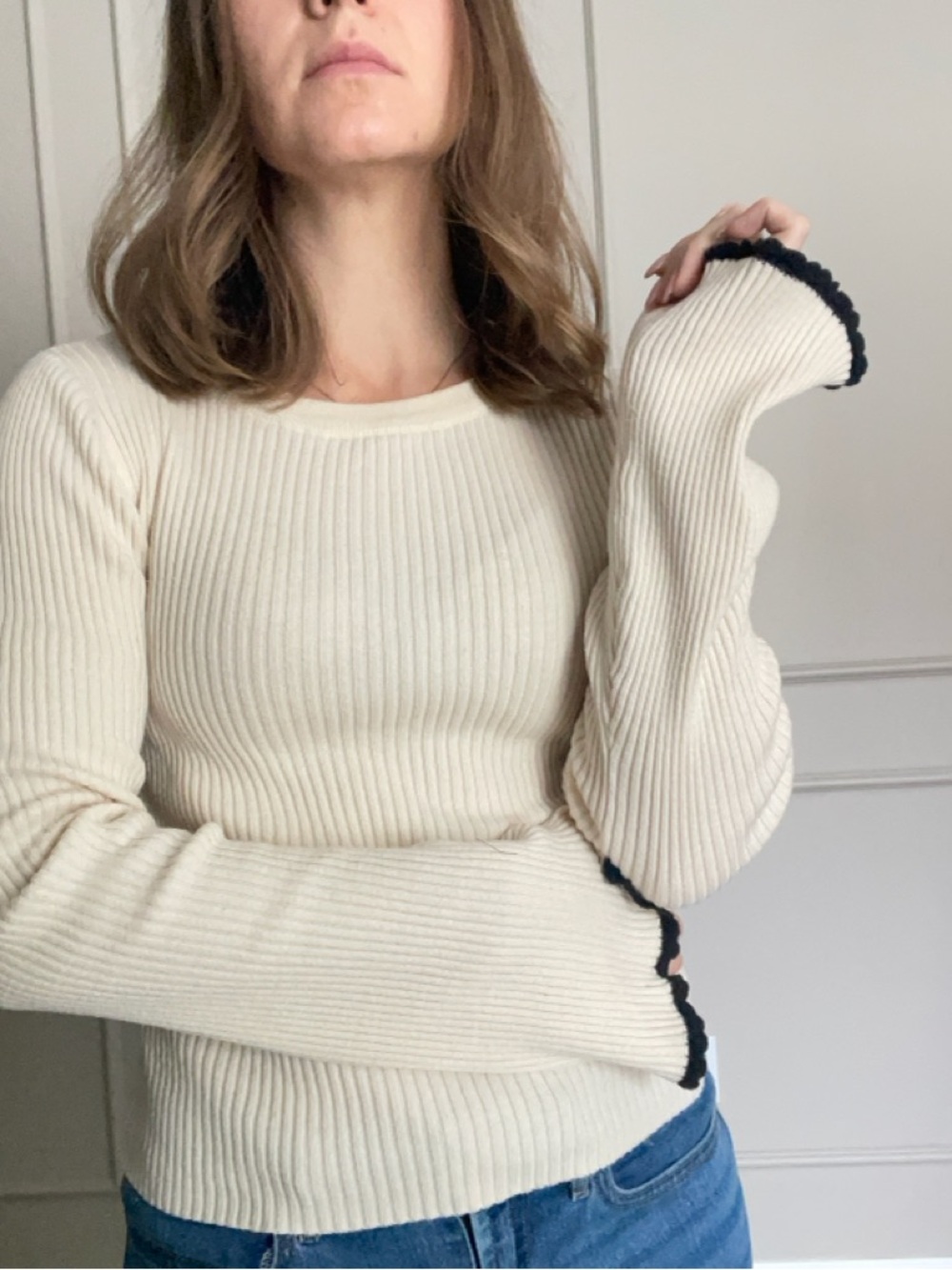 Aeropostale Cream Ribbed Long-Sleeve Crewneck Top with Contrast Trim